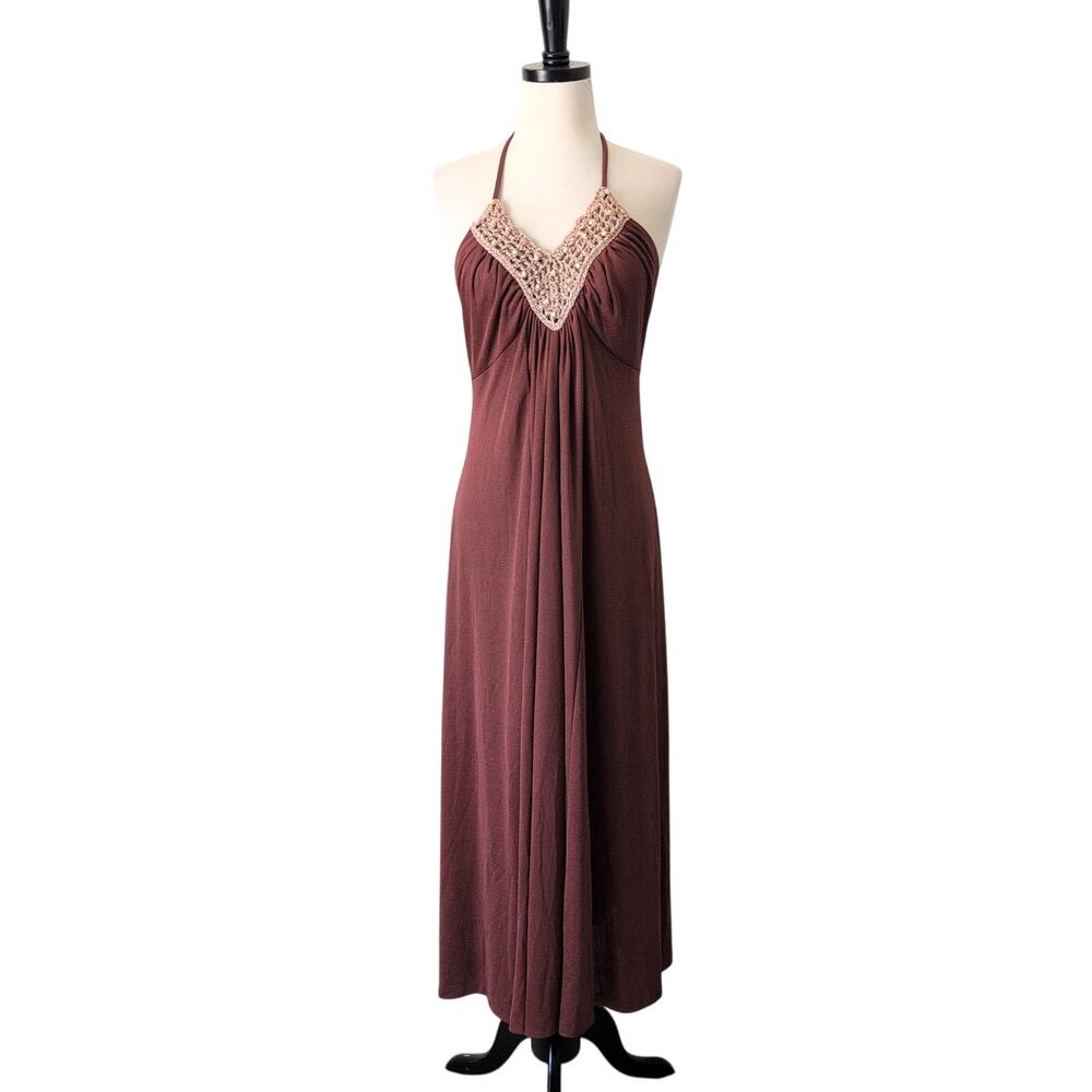 Vintage 70s Womens 11/12 (Small) Hippie‎ Boho Beaded Crochet Neckline Maxi Dress